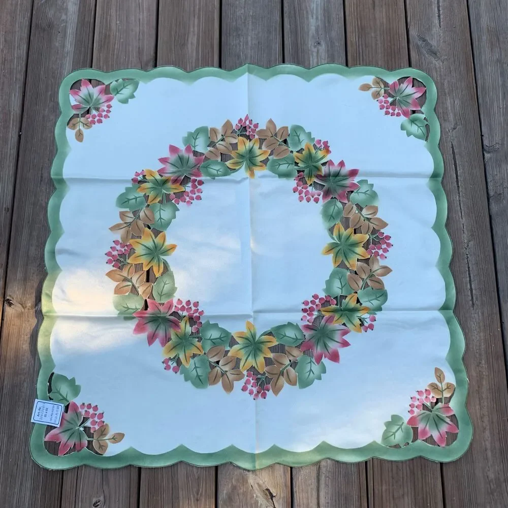 Vintage German Cream Square Tablecloth Topper Leaves Berries Cut Outs 33” X 33”